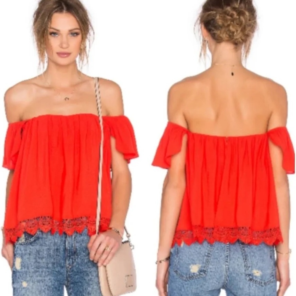 Lovers & Friends Life’s a Beach Red Orange Off Shoulder Top Built-In Boned Bra S